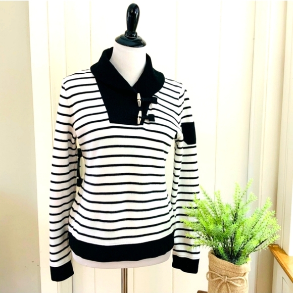 [Lauren Ralph Lauren] Black and White Striped Toggle Lightwight Sweater Size SP - Picture 1 of 8